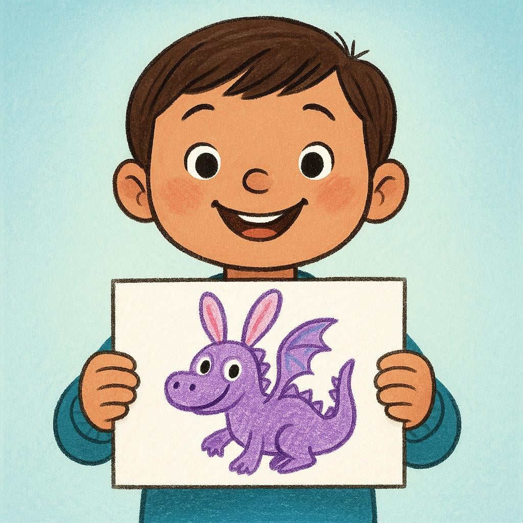A drawing by a child showing an imaginary purple dragon with rabbit ears, illustrating a 'made up' or fictional concept.