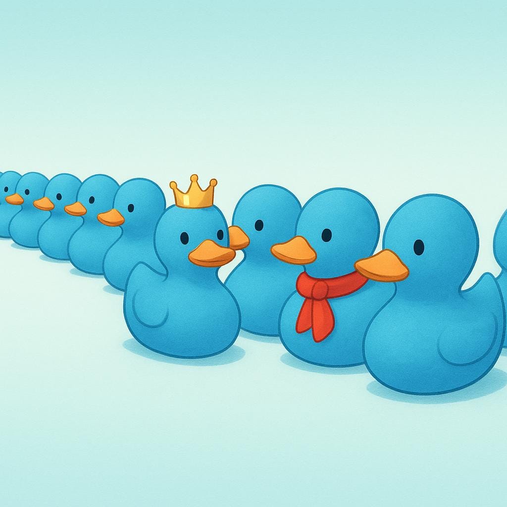 A line of identical blue rubber ducks. Two adjacent ducks in the center are distinct: one wears a tiny gold crown and the other wears a small striped scarf, highlighting their special nature.