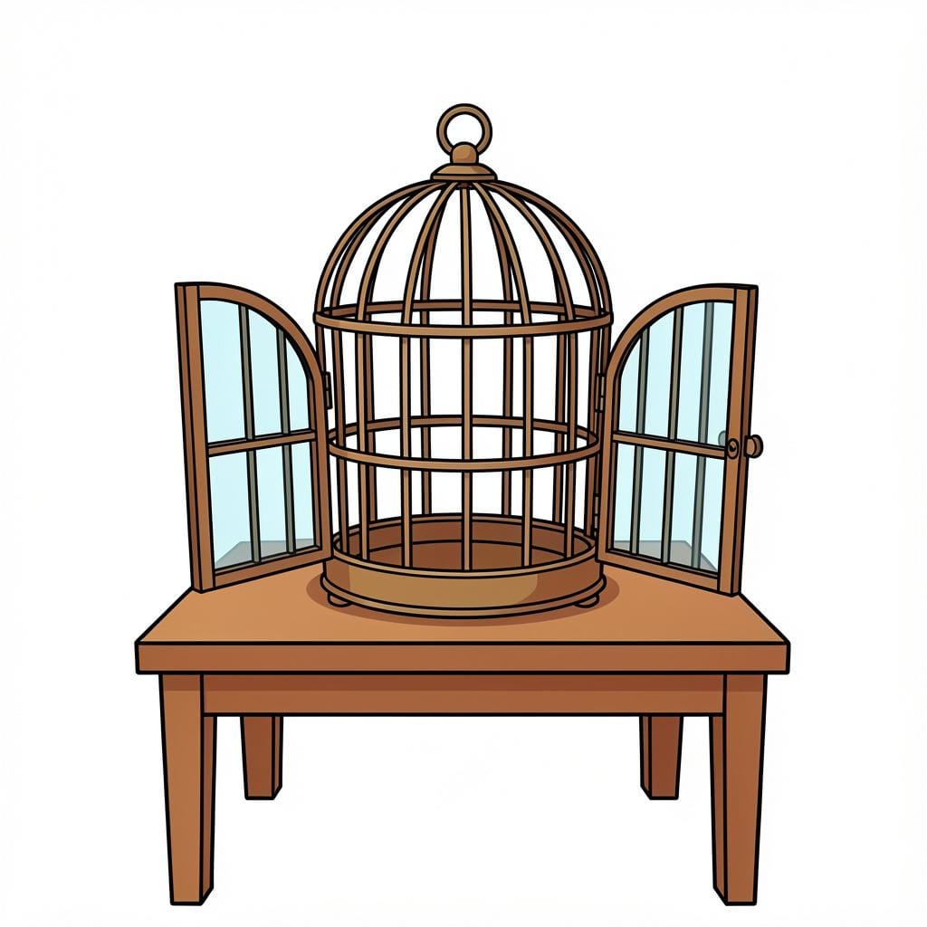 An empty birdcage with an open door and a bird flying away in the distance.