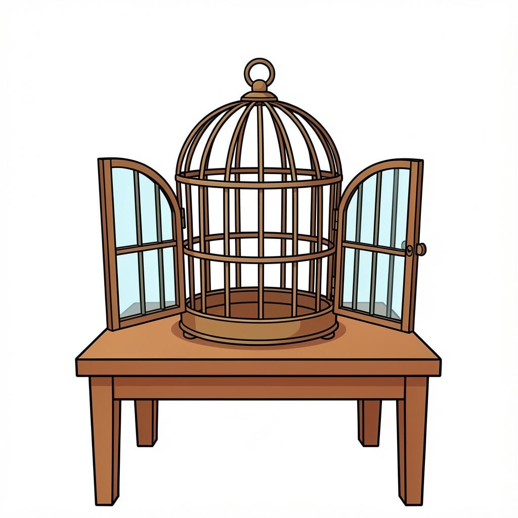 An empty birdcage with an open door and a bird flying away in the distance.
