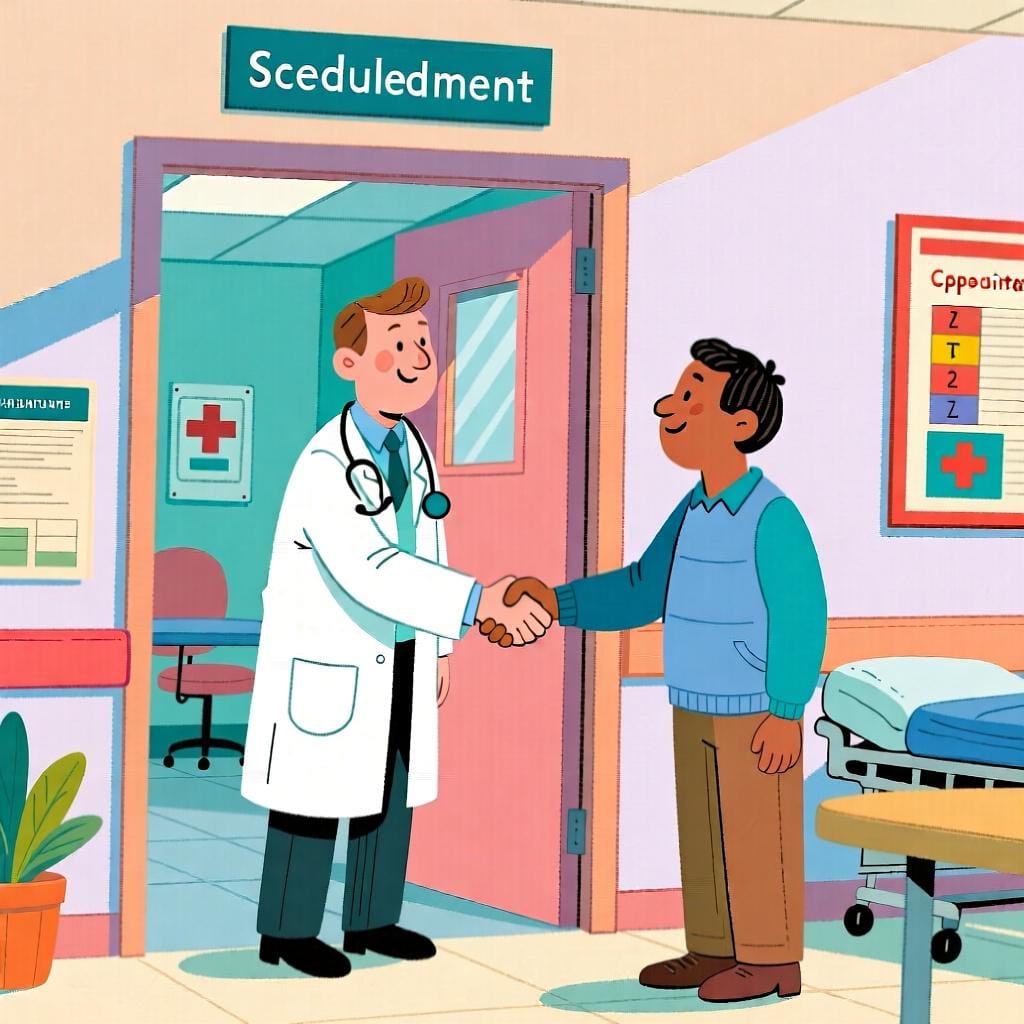 A friendly doctor in a white coat shaking hands with a patient at the doorway of an office, symbolizing a scheduled appointment or meeting time.
