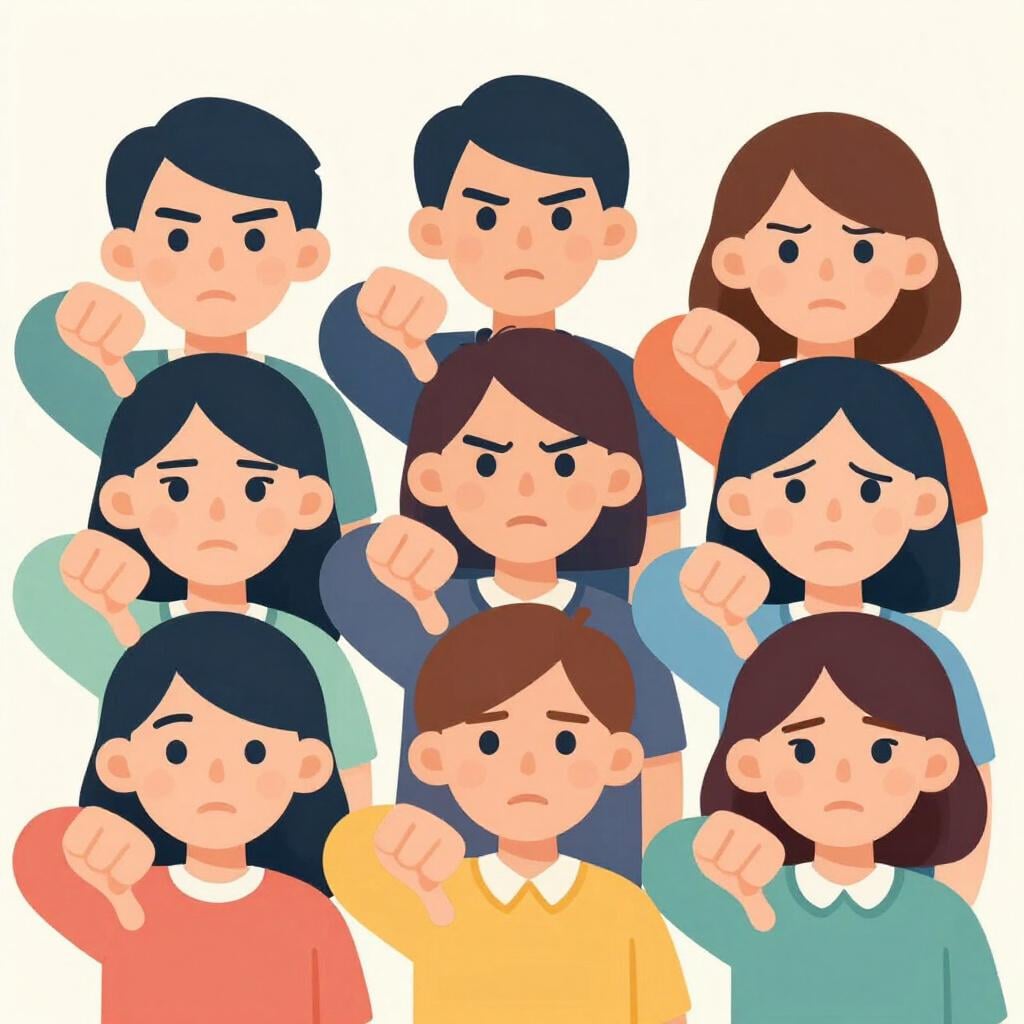 A crowd of people with unhappy faces holding their thumbs down in a stadium.