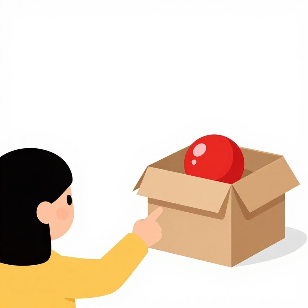 Une personne regardant une boîte en carton fermée avec une bulle de pensée au-dessus de sa tête contenant une balle jouet.