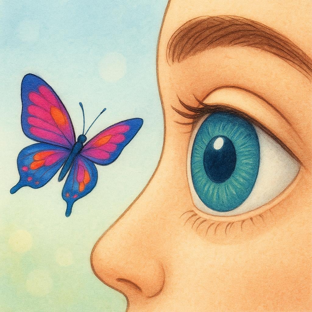 A detailed illustration of a human eye clearly focused on a small, brightly colored butterfly flying nearby, symbolizing the sense of sight.