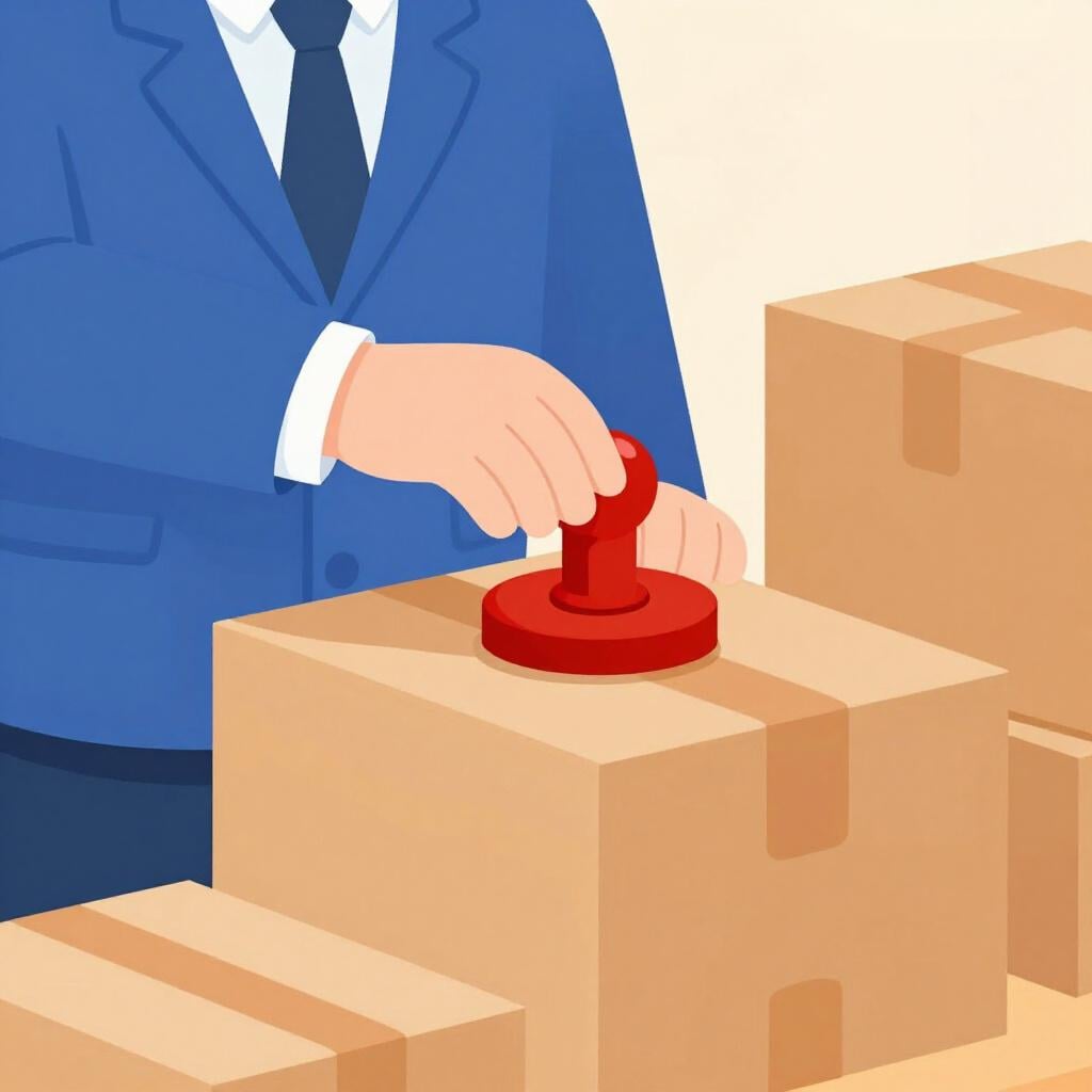 Eine Person in einer Uniform platziert einen leuchtend roten 'Beschlagnahmt'-Aufkleber auf einem Stapel Pappkartons.