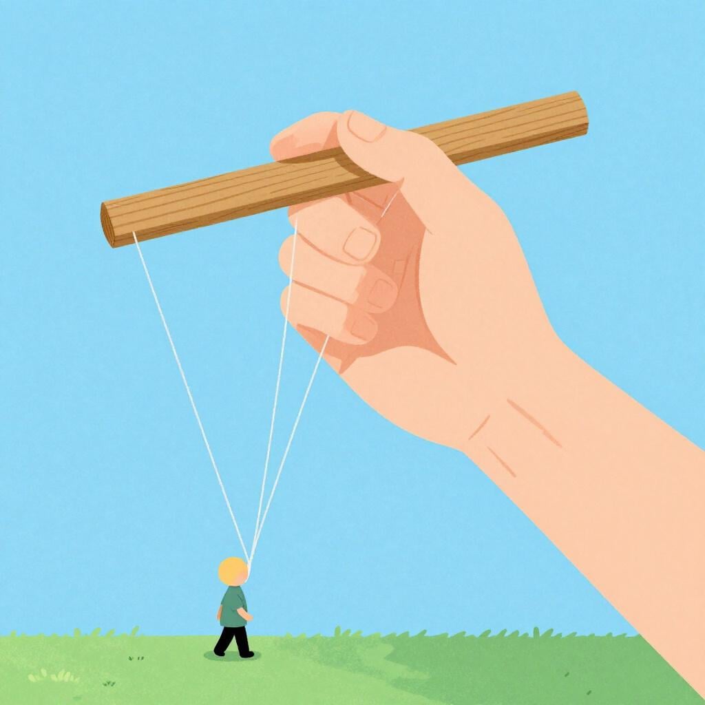 Uma mão grande segurando fios que estão presos a uma pequena pessoa abaixo.