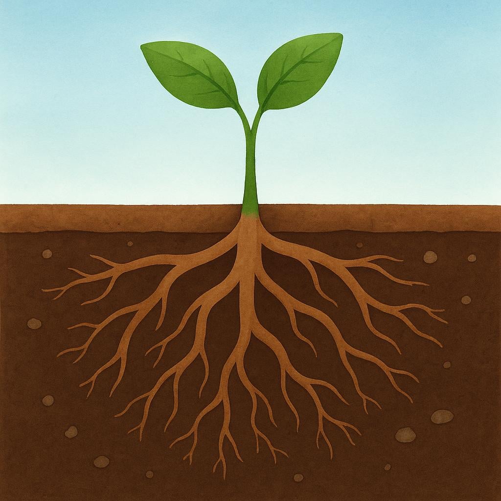 Thick brown roots extending deep into the dark earth, anchoring a small green plant stem visible above the soil.
