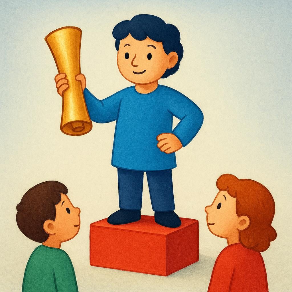 A stylized person standing on a small red stage, holding a golden scroll and addressing two small, attentive figures below. The scene represents a formal declaration.