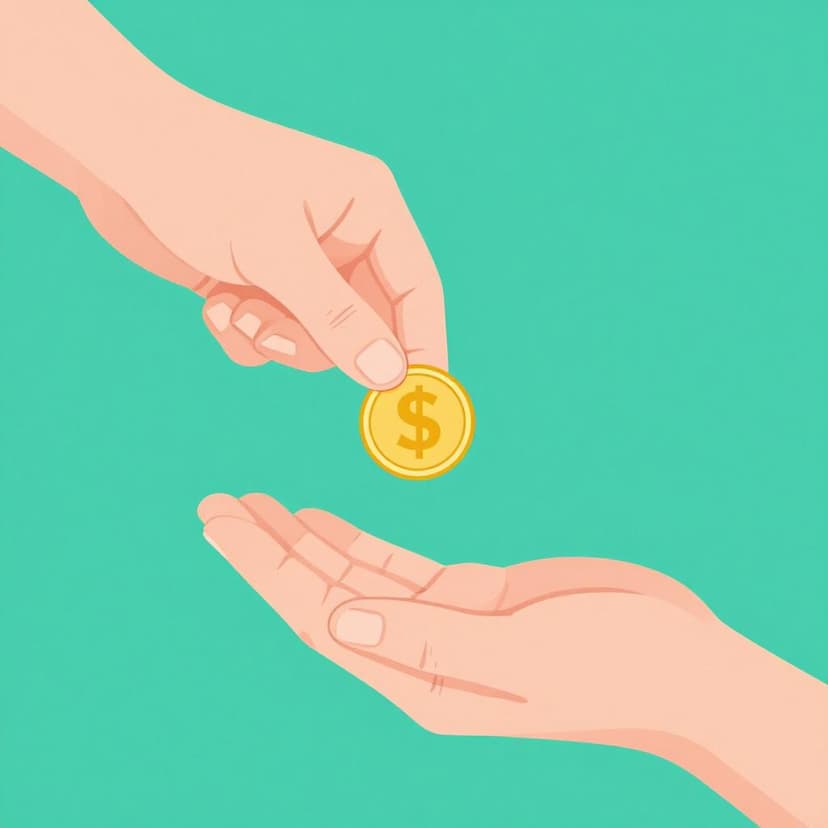 A person extending their open hand towards another person, holding a shiny gold coin.