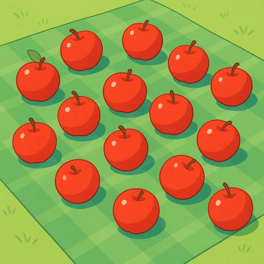 A storybook illustration showing fifteen bright red apples scattered randomly on a green picnic blanket.