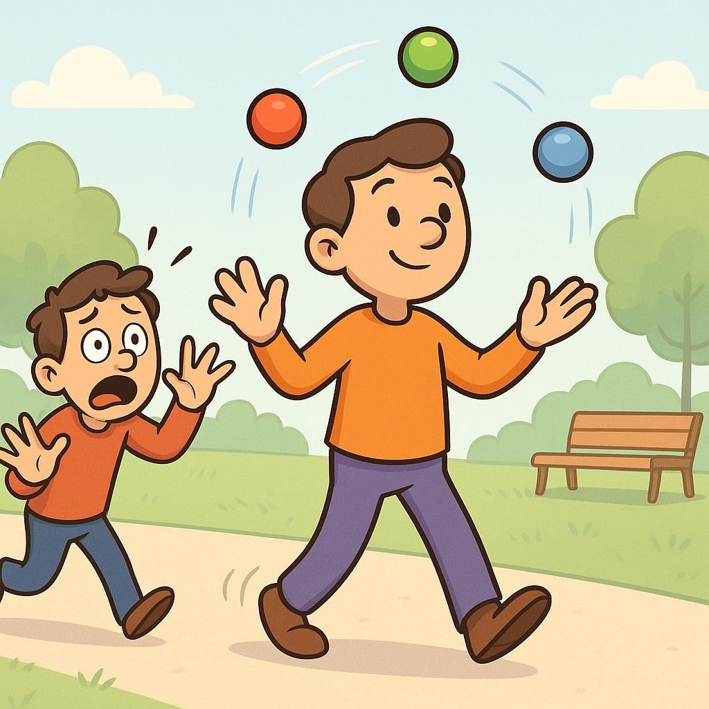 A storybook illustration showing one character intensely focused on juggling colorful balls, completely ignoring a second character who is desperately trying to get their attention by waving their hands in warning.