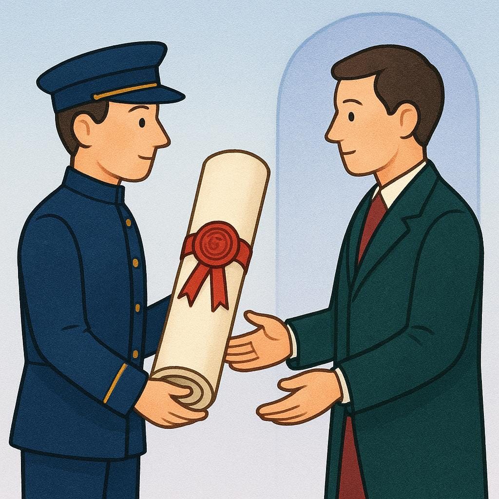 A uniformed messenger formally handing a large, officially sealed scroll to another person, representing an official communication.