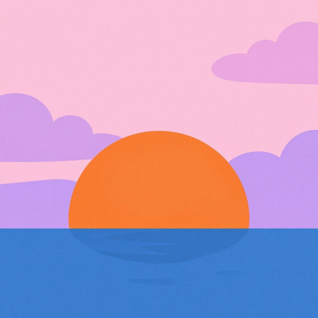 A large orange sun dipping below the calm ocean horizon with pink and purple clouds.