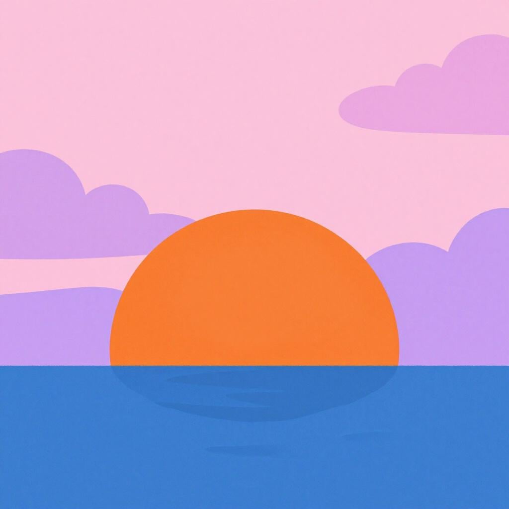 A large orange sun dipping below the calm ocean horizon with pink and purple clouds.