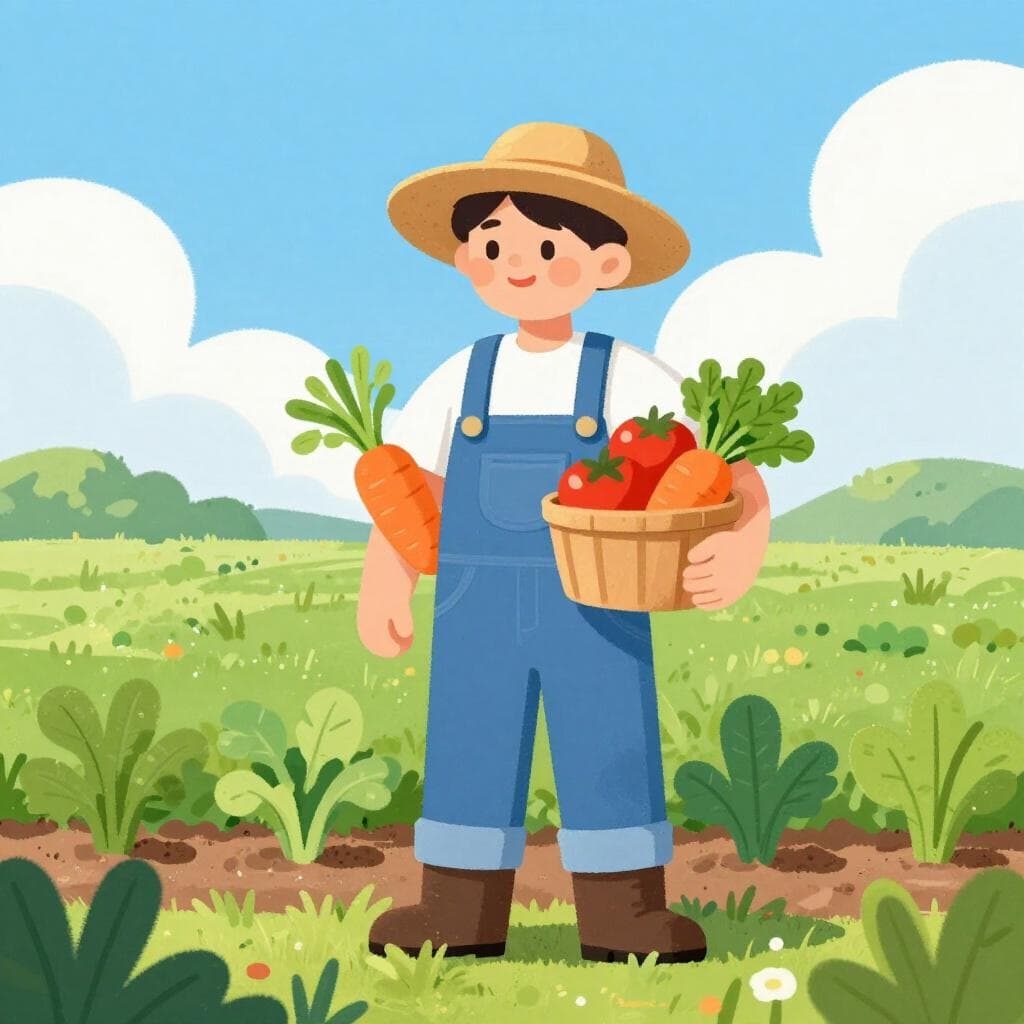 Um agricultor simpático em macacão jeans e chapéu de palha, em pé num campo verdejante, segurando uma cesta de madeira cheia de vegetais frescos.