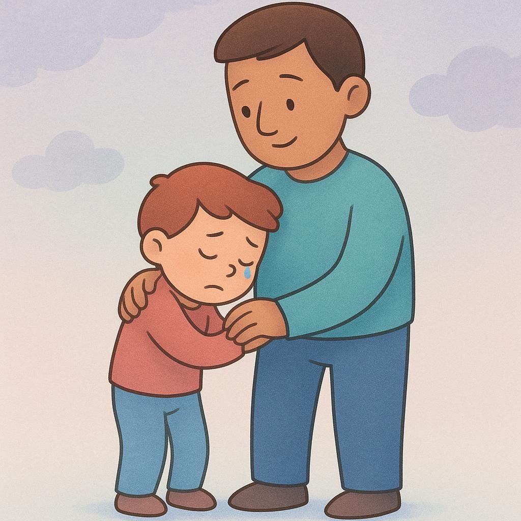 더 크고 안정적인 인물에게 의지하는 더 작은 인물.