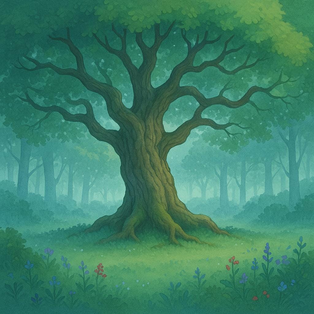 A quiet, peaceful forest clearing bathed in soft, ethereal sunlight, focusing on a single ancient tree, symbolizing a sanctuary or place of reverence.
