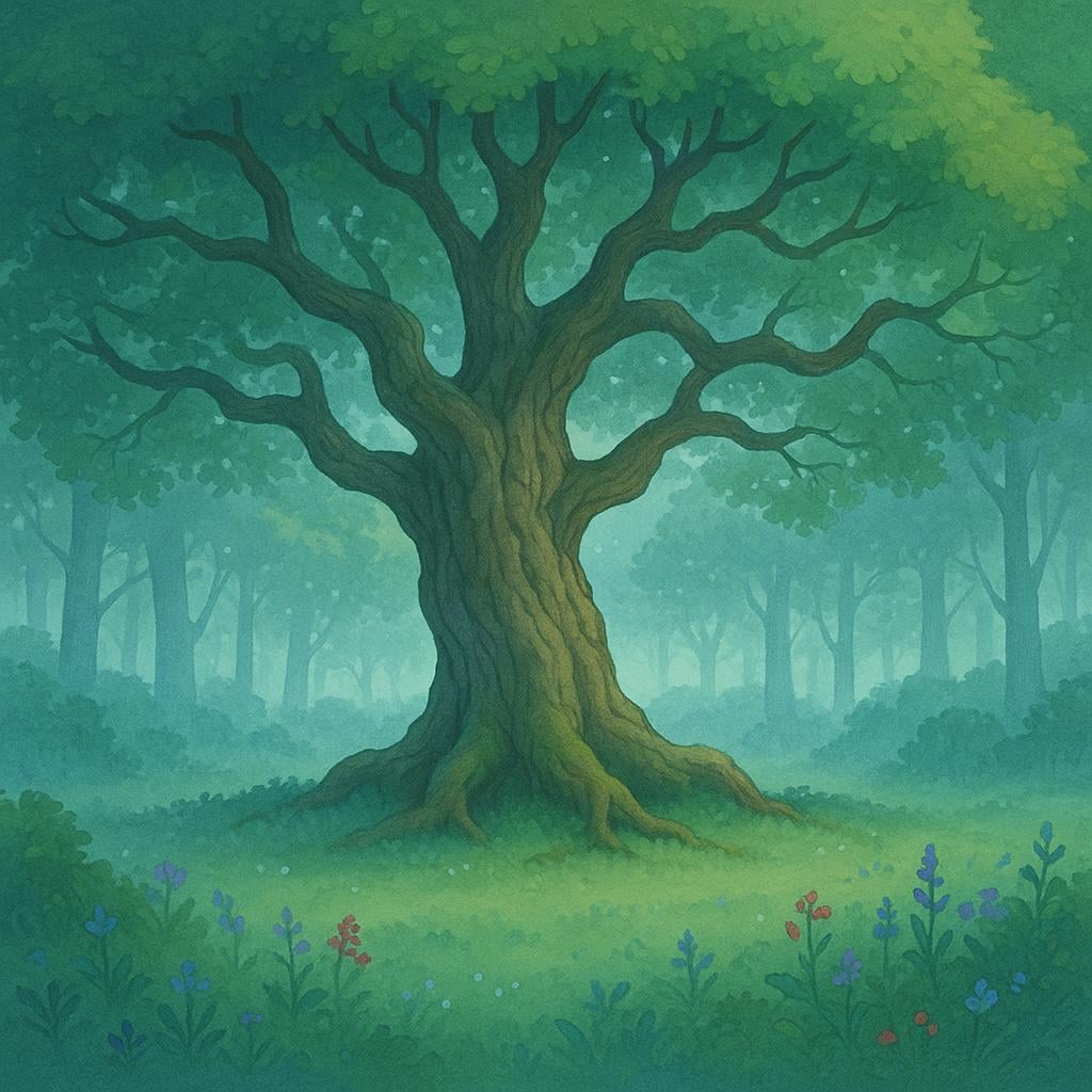 A quiet, peaceful forest clearing bathed in soft, ethereal sunlight, focusing on a single ancient tree, symbolizing a sanctuary or place of reverence.