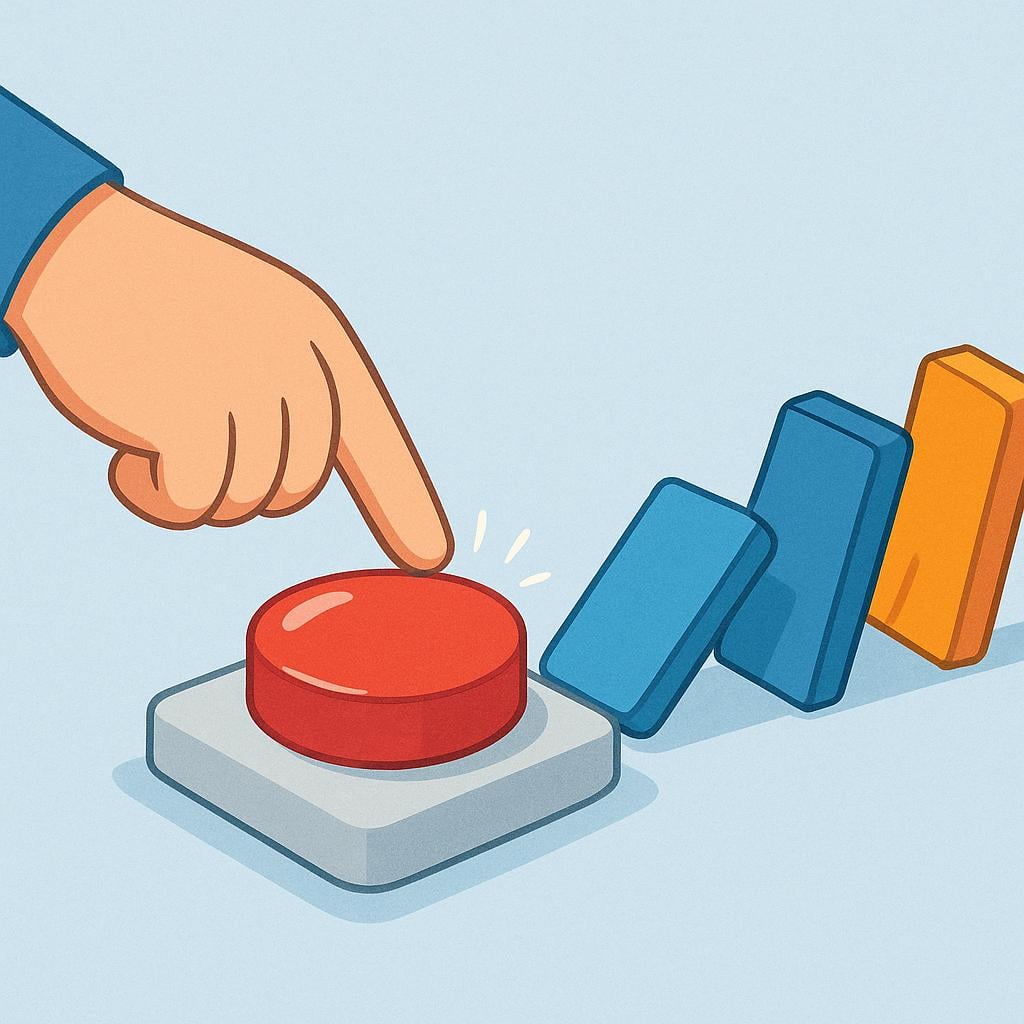 A finger pressing a large red button, which immediately causes a clear chain reaction, like a row of dominoes starting to fall.
