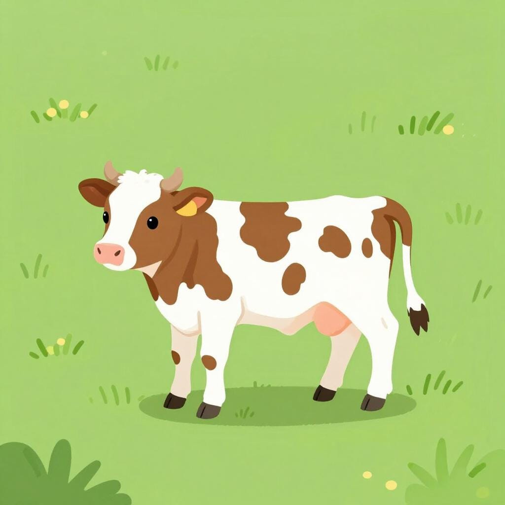 Een klein, schattig jong rund dat in een groene weide staat.