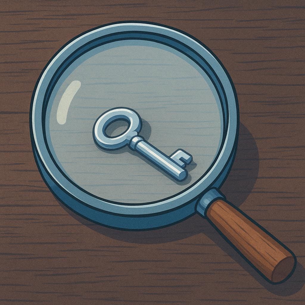 A large magnifying glass held over a single, small, distinct object on a surface, symbolizing evidence or proof.