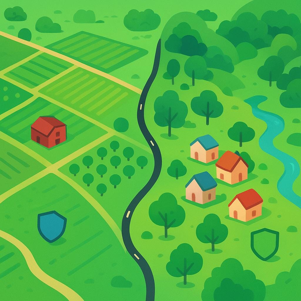 A stylized aerial map view of a green landscape showing a distinct boundary line separating two defined administrative regions, representing a county.