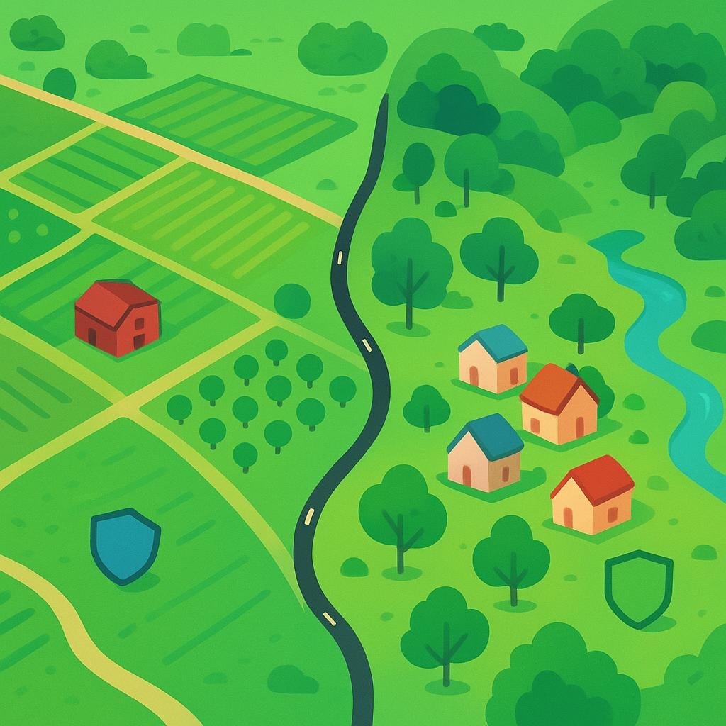 A stylized aerial map view of a green landscape showing a distinct boundary line separating two defined administrative regions, representing a county.