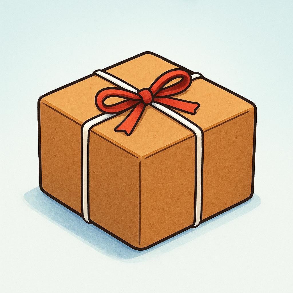 A neatly wrapped brown cardboard package tied with white string and a red bow, sitting on a plain surface.