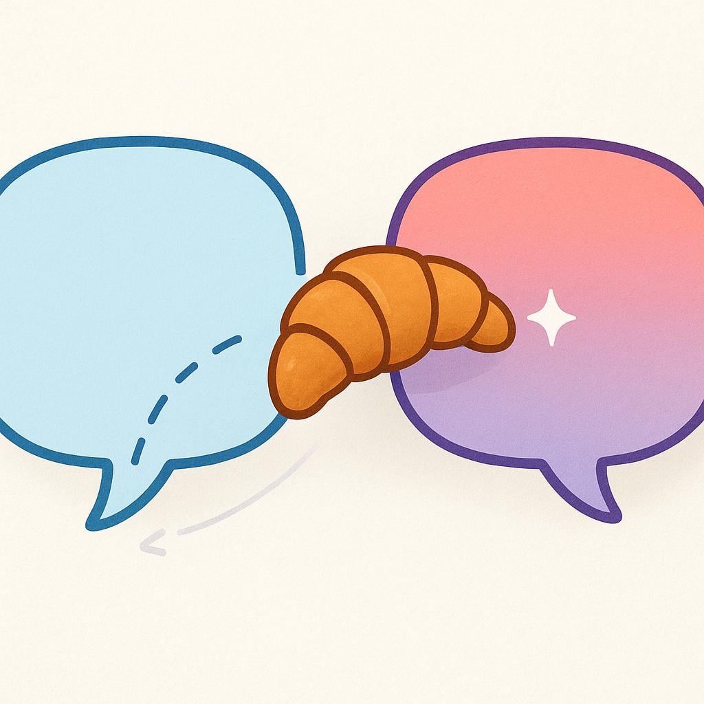 A colorful illustration showing a stylized object, representing a word or concept, jumping from one distinct, brightly colored speech bubble to another, symbolizing the adoption of a loanword.