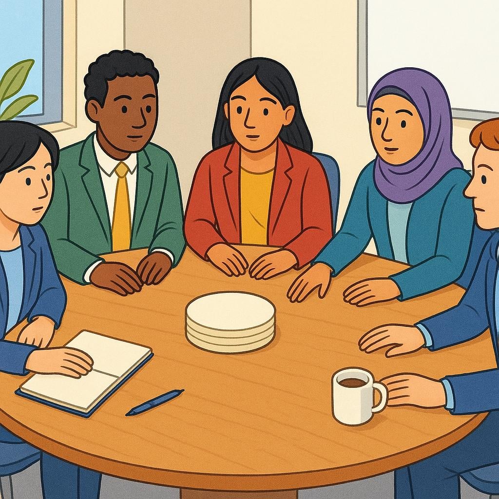 Five diverse, formally dressed people seated around a large, round wooden table in a meeting room, intensely focused on a central point of discussion, representing a council.