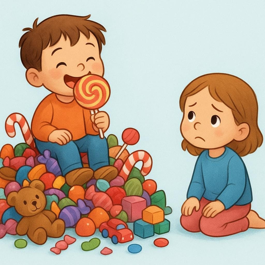 Un'illustrazione di alta qualità in stile libro di fiabe che mostra un bambino seduto a terra circondato da molti giocattoli e dolcetti, tenendoli stretti e rifiutandosi di condividere, mentre un altro bambino siede vicino con aria triste ed escluso.