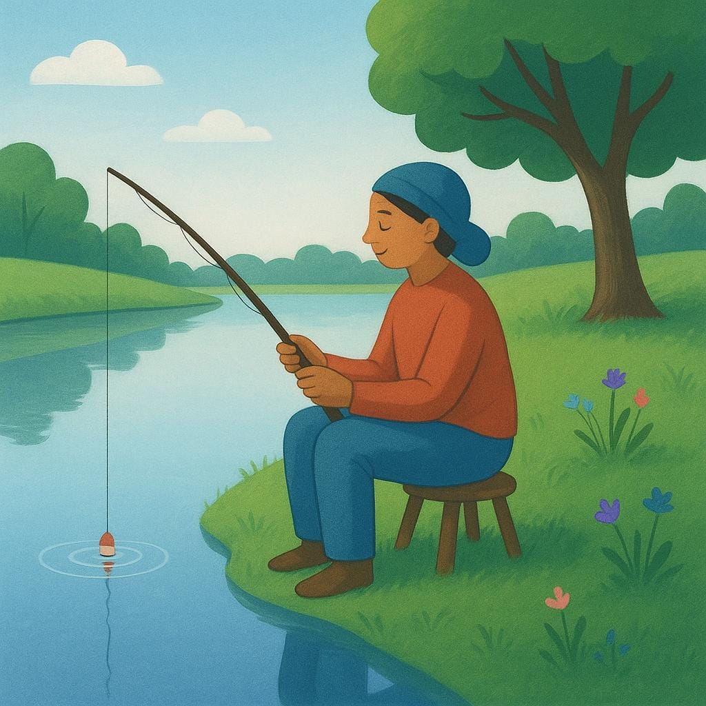A high quality storybook illustration of a person sitting calmly on a wooden stool on a riverbank, holding a fishing rod and waiting patiently for a fish to bite.