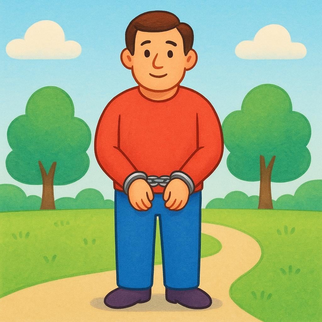 A simple illustration of a man with his hands cuffed behind his back, indicating he is arrested.