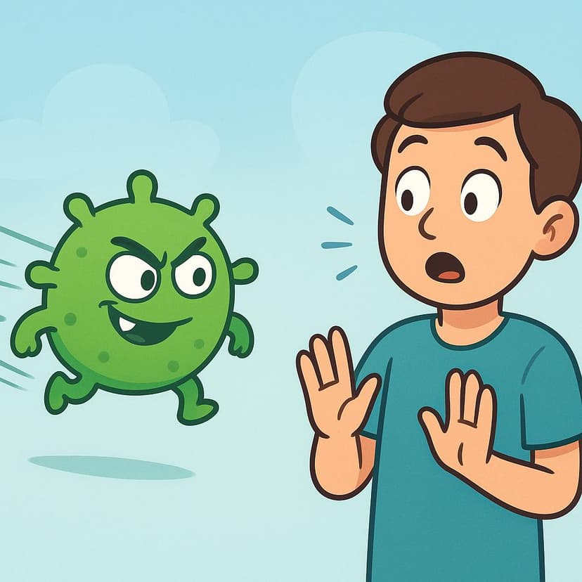 A small, visible green cartoon germ floating rapidly toward a surprised person, symbolizing the action of making someone ill.