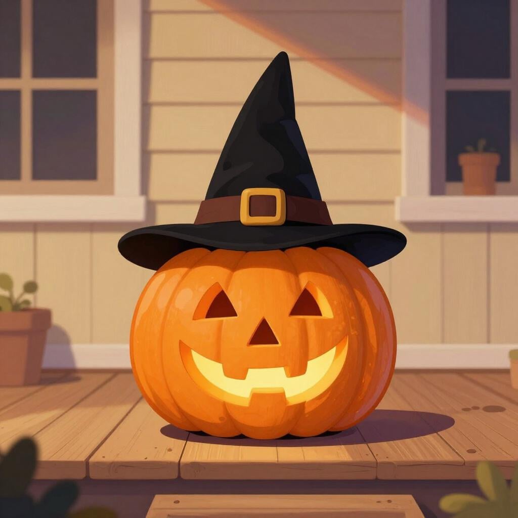 A carved pumpkin with a smiling face and a pointed black witch hat.