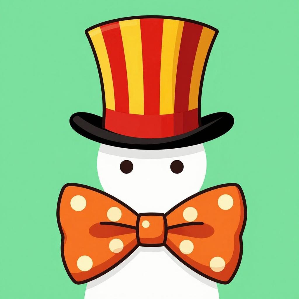 Een vrolijk persoon die een heel hoge gestreepte hoed, een te grote vlinderdas met stippen en kleurrijke, mismatched sokken draagt.