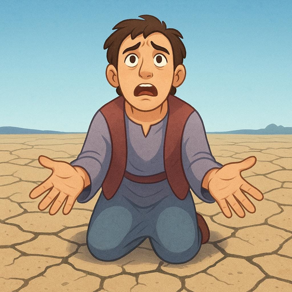 Un'illustrazione da libro di fiabe di una figura in ginocchio su terra arida e crepata, che tende urgentemente le mani vuote verso un oggetto lontano e invisibile, simboleggiando la disperazione e il bisogno urgente.