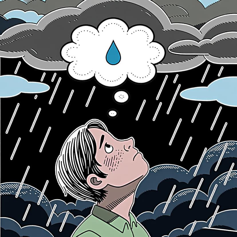 A person looking thoughtfully at a cloudy sky with a thought bubble above their head containing a single raindrop, illustrating the meaning 'I think'.