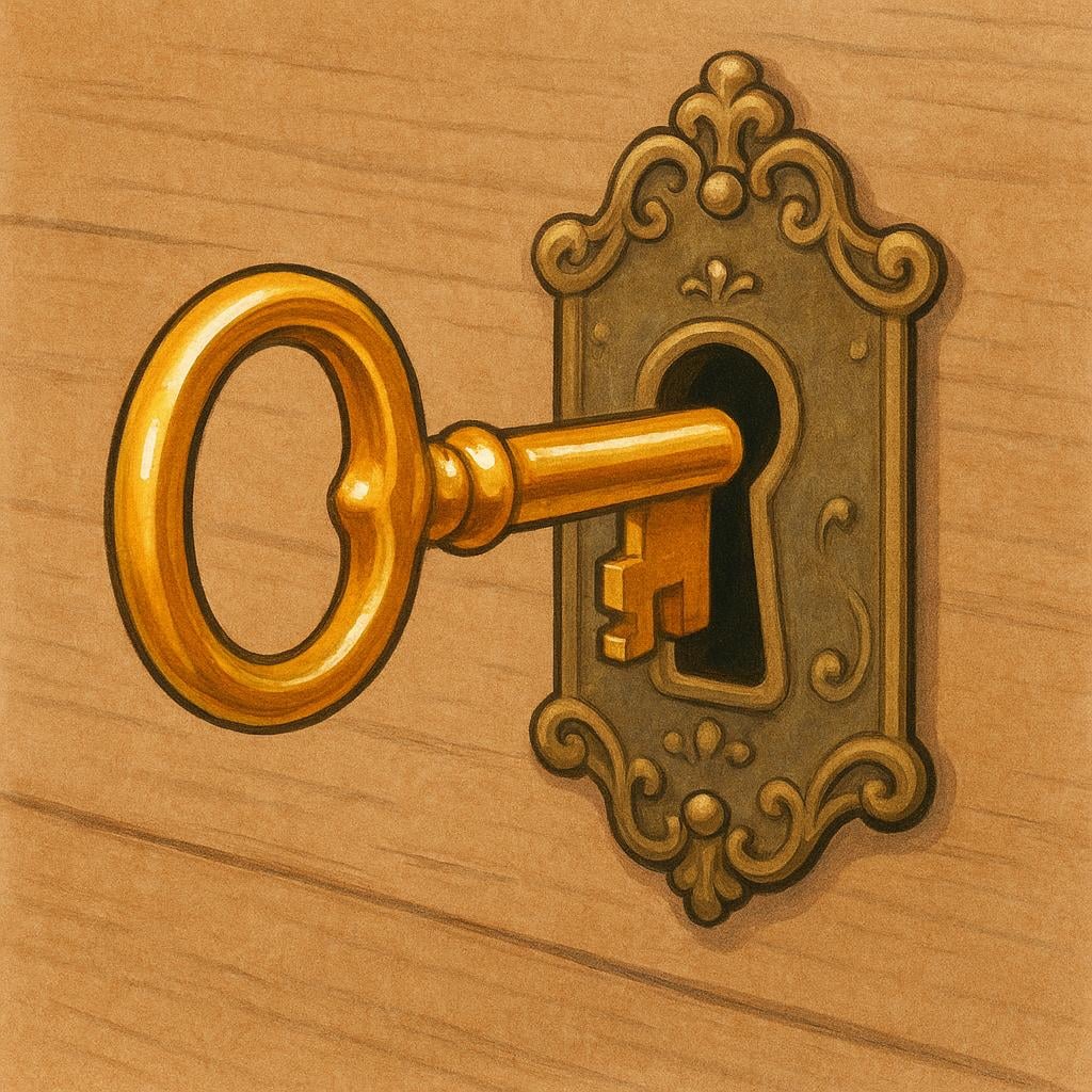A shiny golden key perfectly inserted into a matching, ornate keyhole on a wooden door.