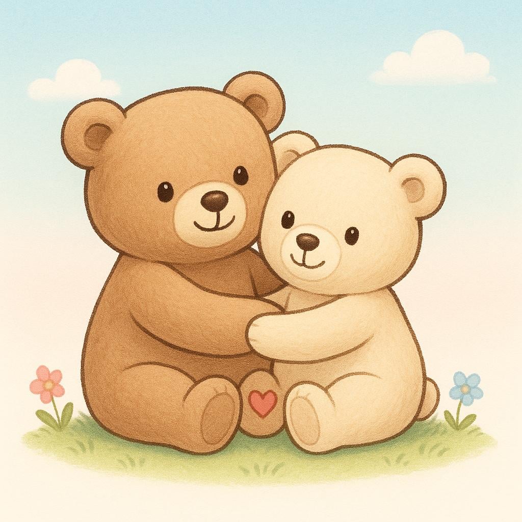 Two soft, friendly teddy bears sitting side by side, embracing each other warmly with genuine affection.