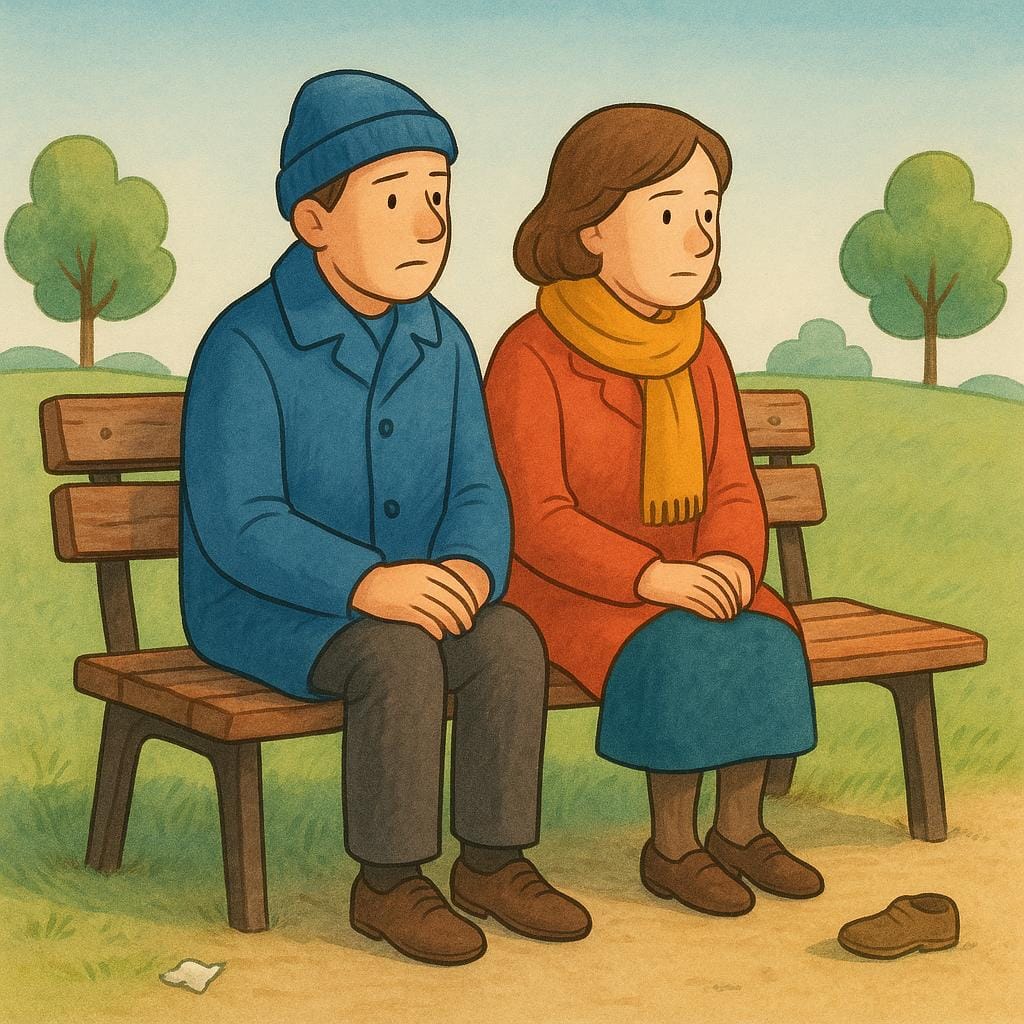 Due persone sedute tranquillamente e pazientemente su una vecchia panchina di legno del parco, implicando che stanno aspettando da un periodo di tempo significativo.