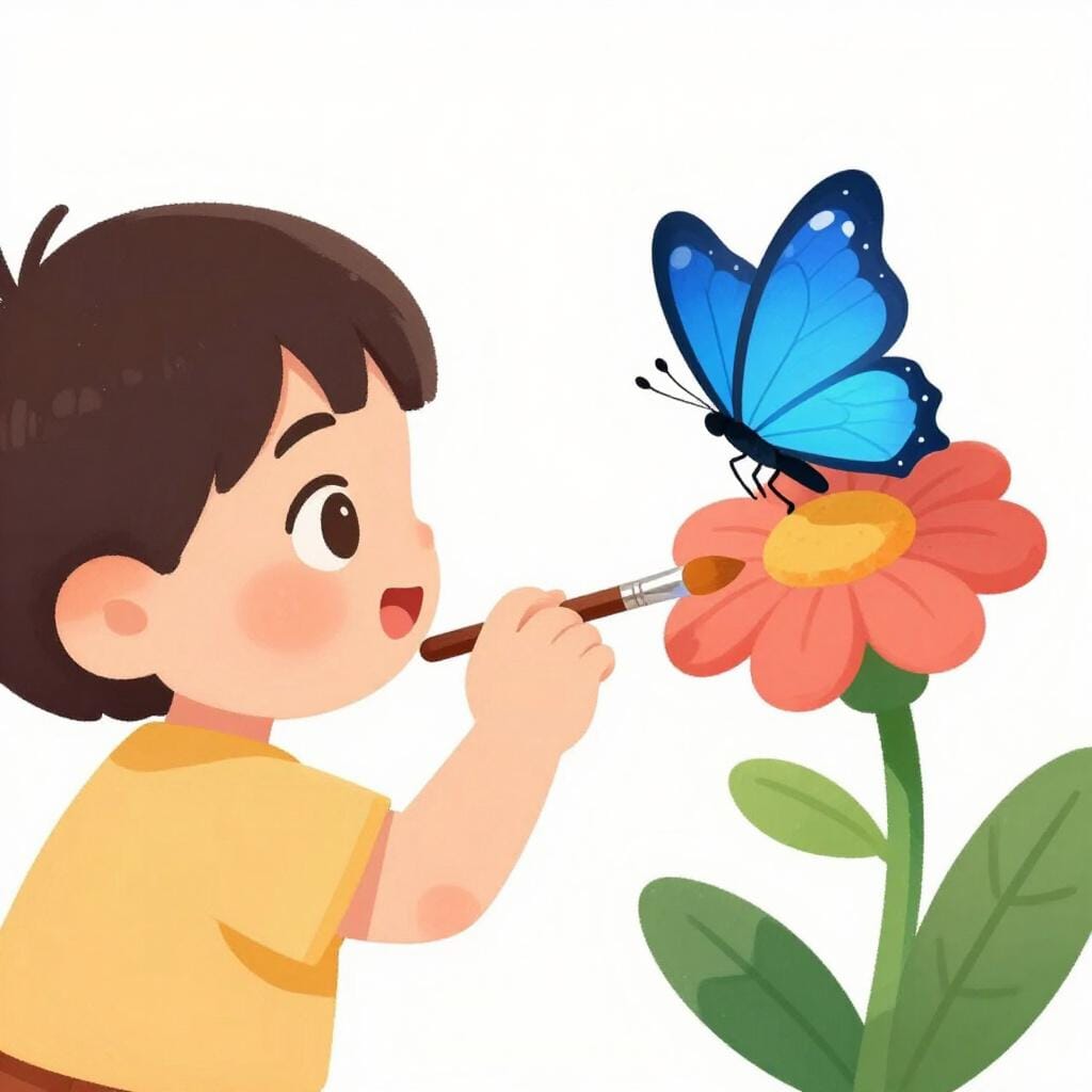 A child looking at a colorful butterfly with wide, appreciative eyes, holding a paintbrush.