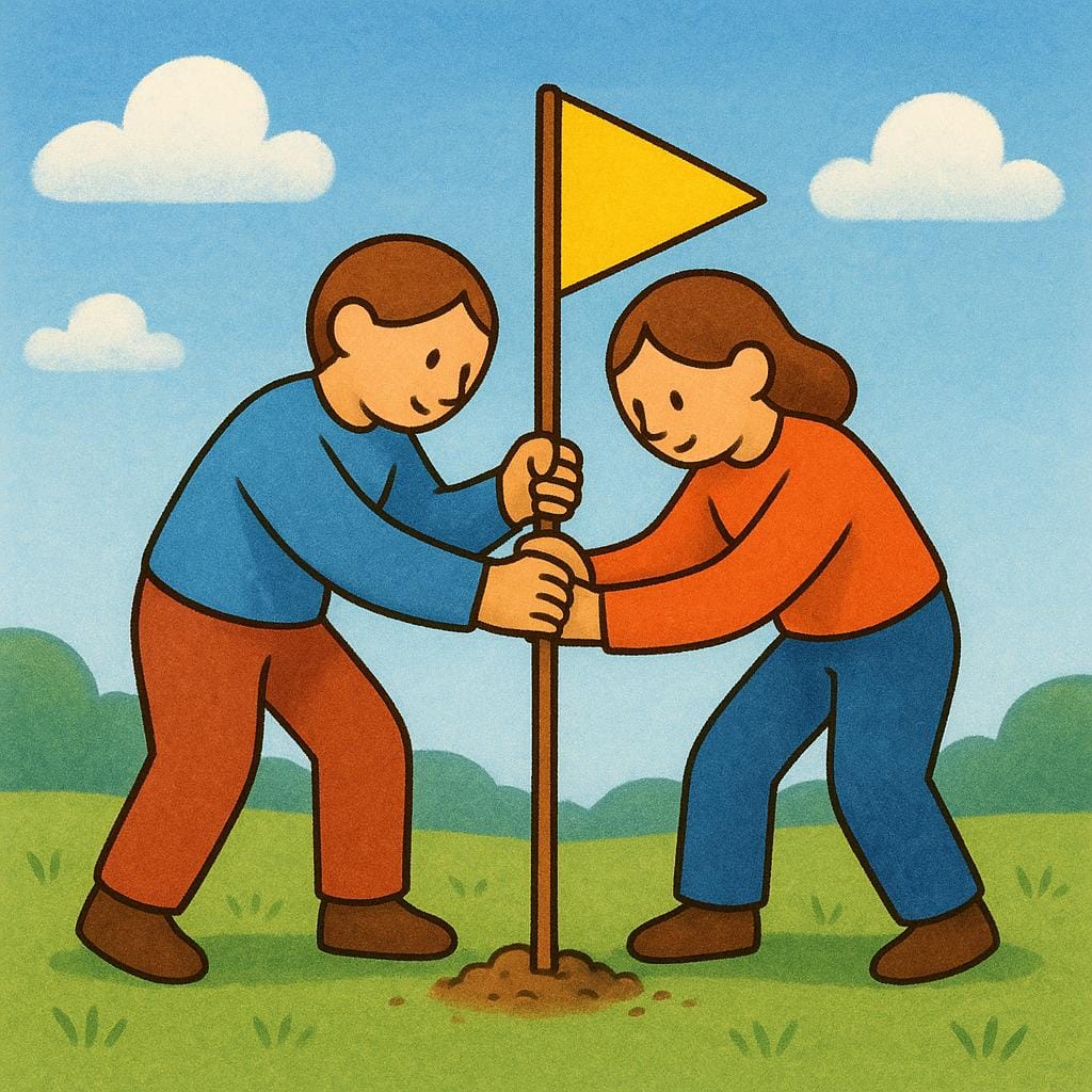 Two figures standing side-by-side, firmly planting a small, bright yellow boundary flag into the ground, marking a clear limit or established boundary.