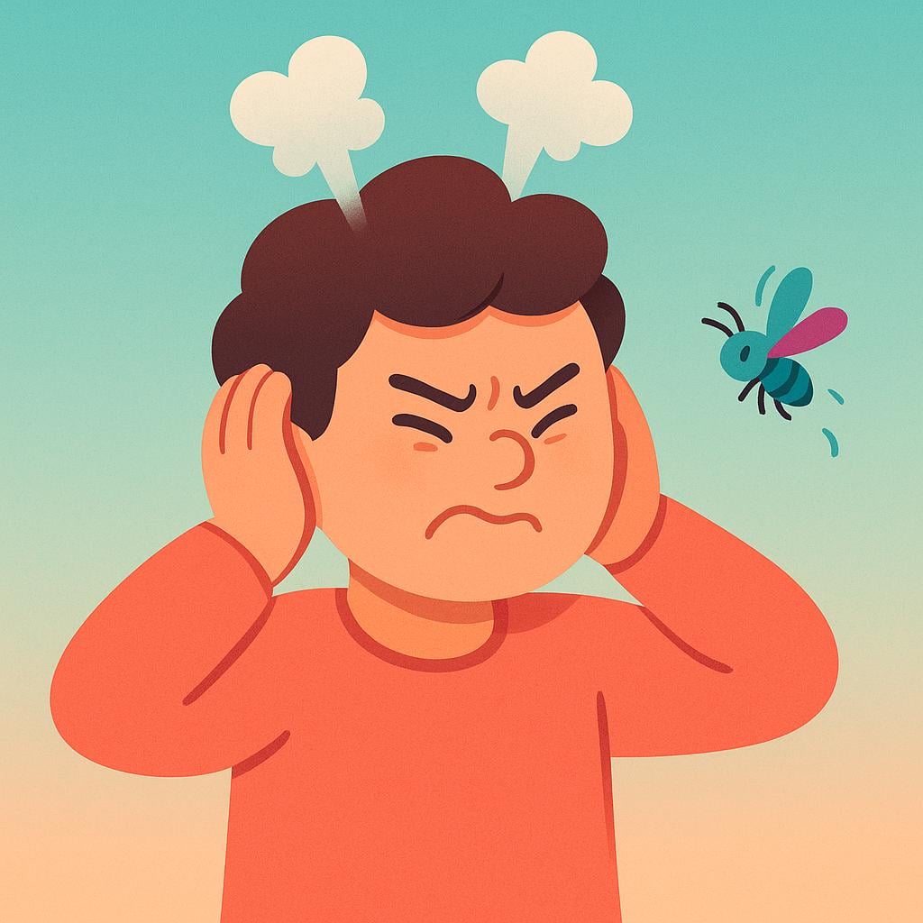 A stylized person holding their hands over their ears with a greatly annoyed expression. Visible plumes of steam are rising from the person's head, indicating intense frustration caused by a tiny, brightly colored, buzzing insect hovering nearby.