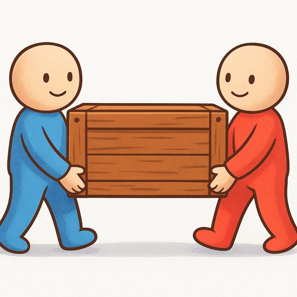 Two figures collaboratively carrying a large, heavy wooden crate between them, demonstrating the action of transporting objects.