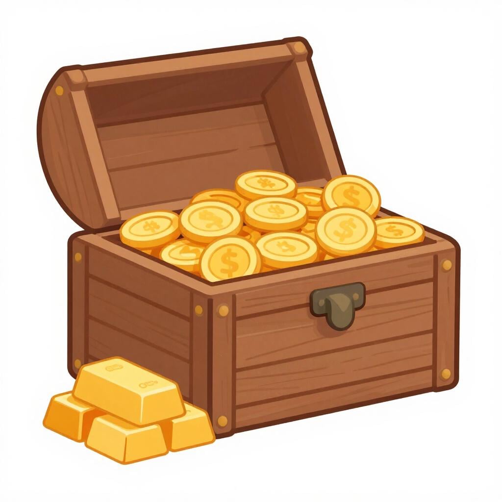 A wooden chest overflowing with gold coins and a stack of gold bars next to it.
