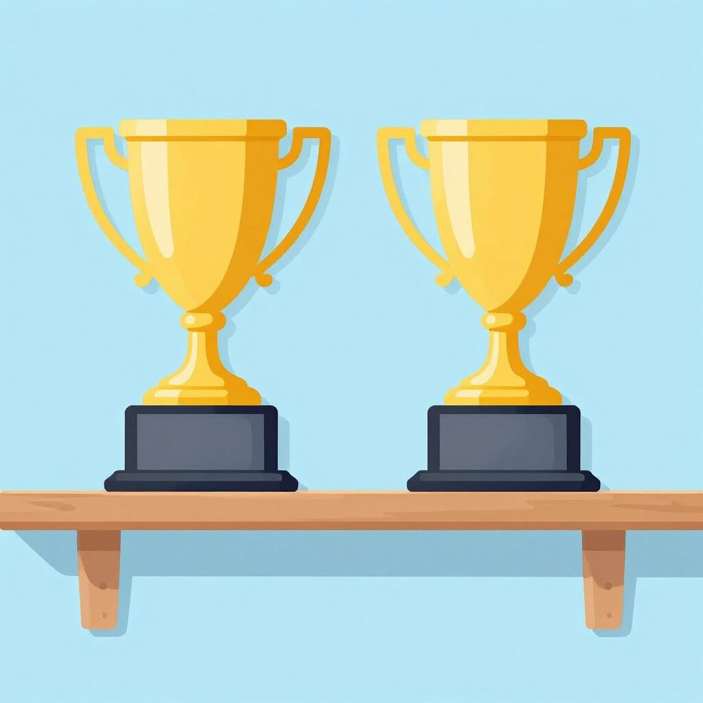 Zwei identische Trophäen stehen auf einem Holzregal auf exakt gleicher Höhe.