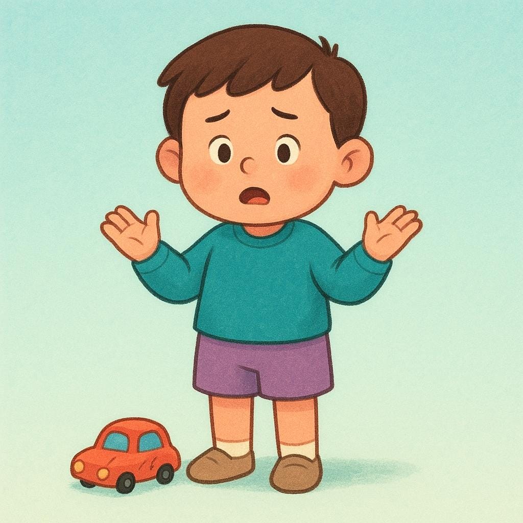 A simple cartoon character with wide eyes and raised hands expressing surprise and mild frustration.