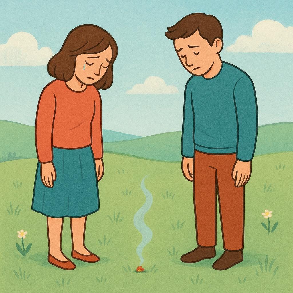 A woman and a man standing a short distance apart in a field, both looking wistfully at a small, nearly extinguished ember smoking gently on the ground between their feet, representing a past romance.