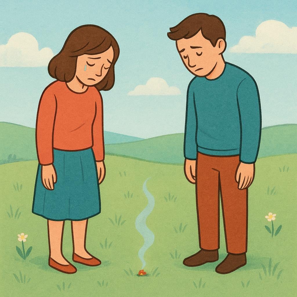 A woman and a man standing a short distance apart in a field, both looking wistfully at a small, nearly extinguished ember smoking gently on the ground between their feet, representing a past romance.